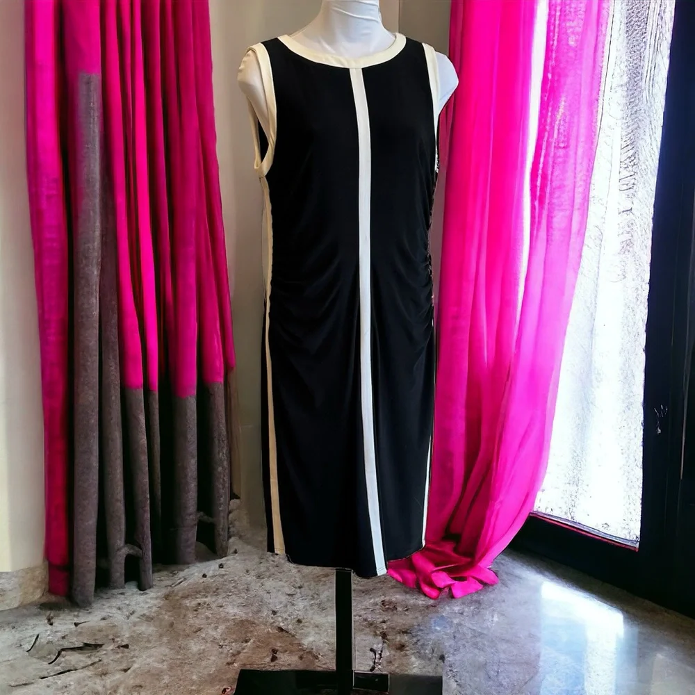 Lauren by Ralph Lauren Black White Ruched Colorblock Dress 12 - Picture 1 of 5